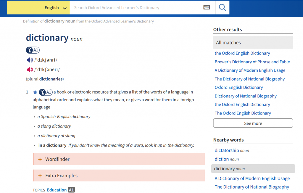 Oxford English Advanced Dictionary interface screenshot